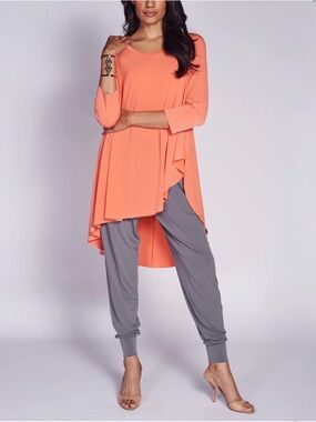 Flowy Coral Tunic Top - Scoop Neck, Asymmetric Hem